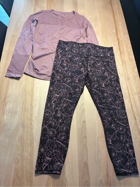 Fabletics Mauve Long Sleeve Top with Black & Mauve Floral Leggings